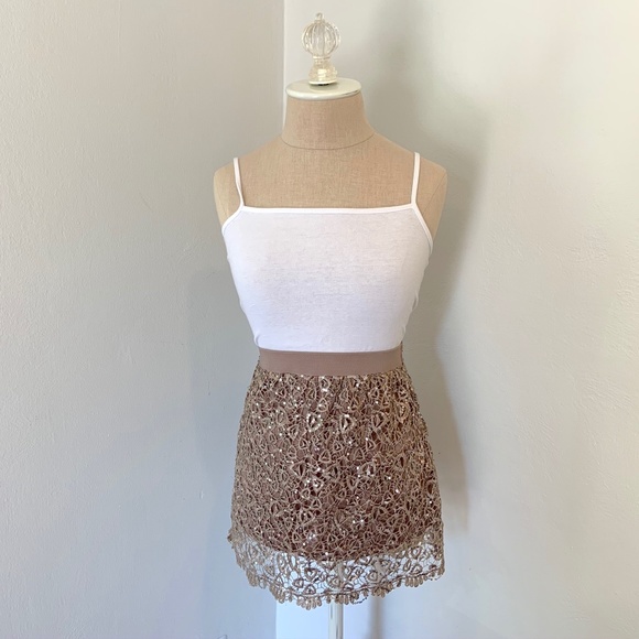 Bronze Gold Sequin Embroidered Lace Mini Skirt - Picture 1 of 5